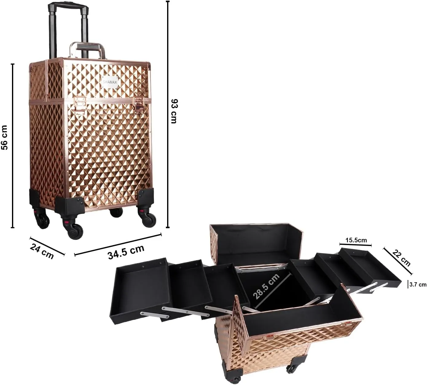 Professional Hardside Luggage Suitcase with Wheels, Jumbo Multi Function Artist Rolling Trolley Makeup Box Beauty Train Case Cosmetic Organizer Makeup Cosmetic Vanity Trolley (3599 Rosegold),