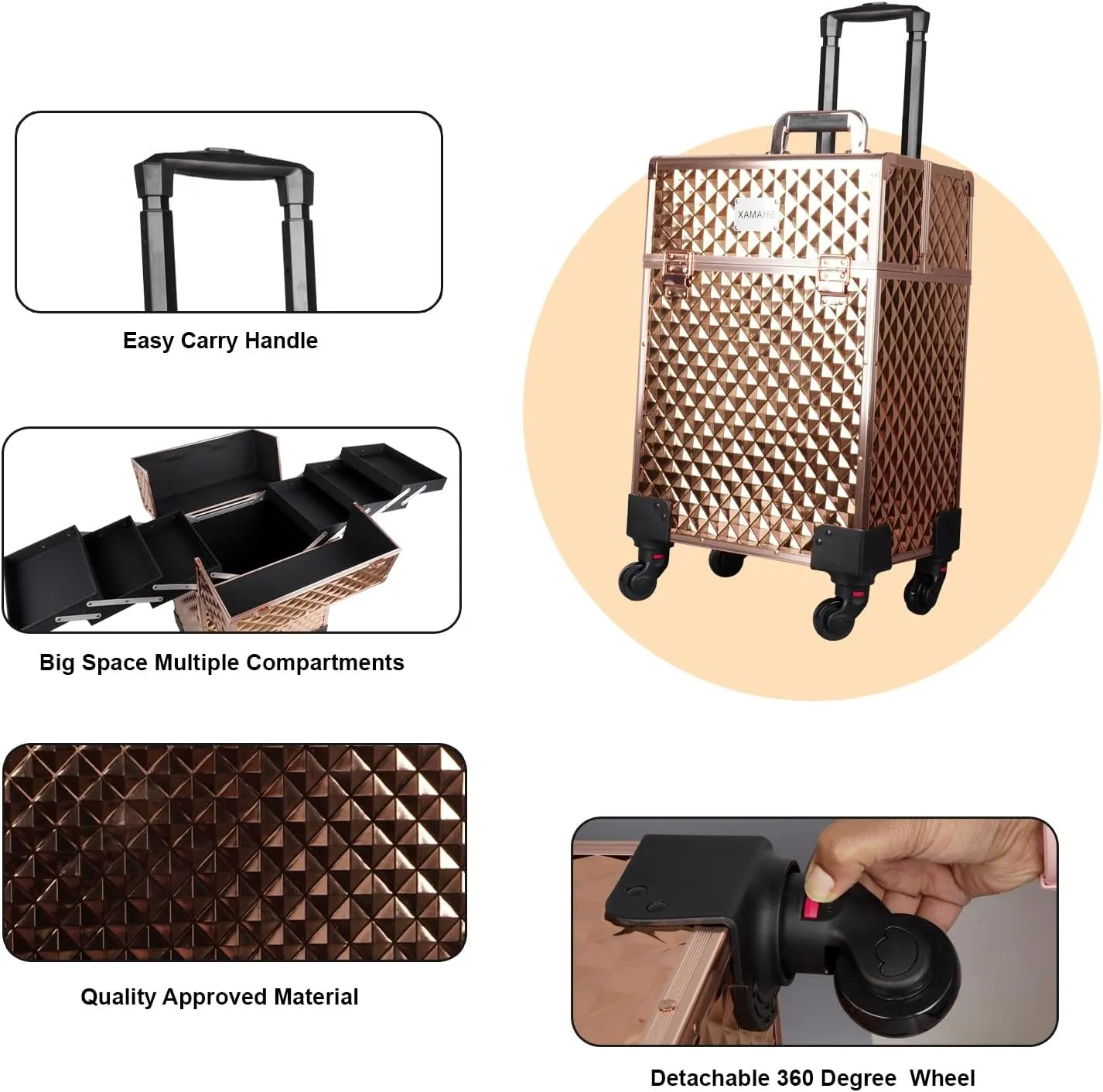 Professional Hardside Luggage Suitcase with Wheels, Jumbo Multi Function Artist Rolling Trolley Makeup Box Beauty Train Case Cosmetic Organizer Makeup Cosmetic Vanity Trolley (3599 Rosegold),