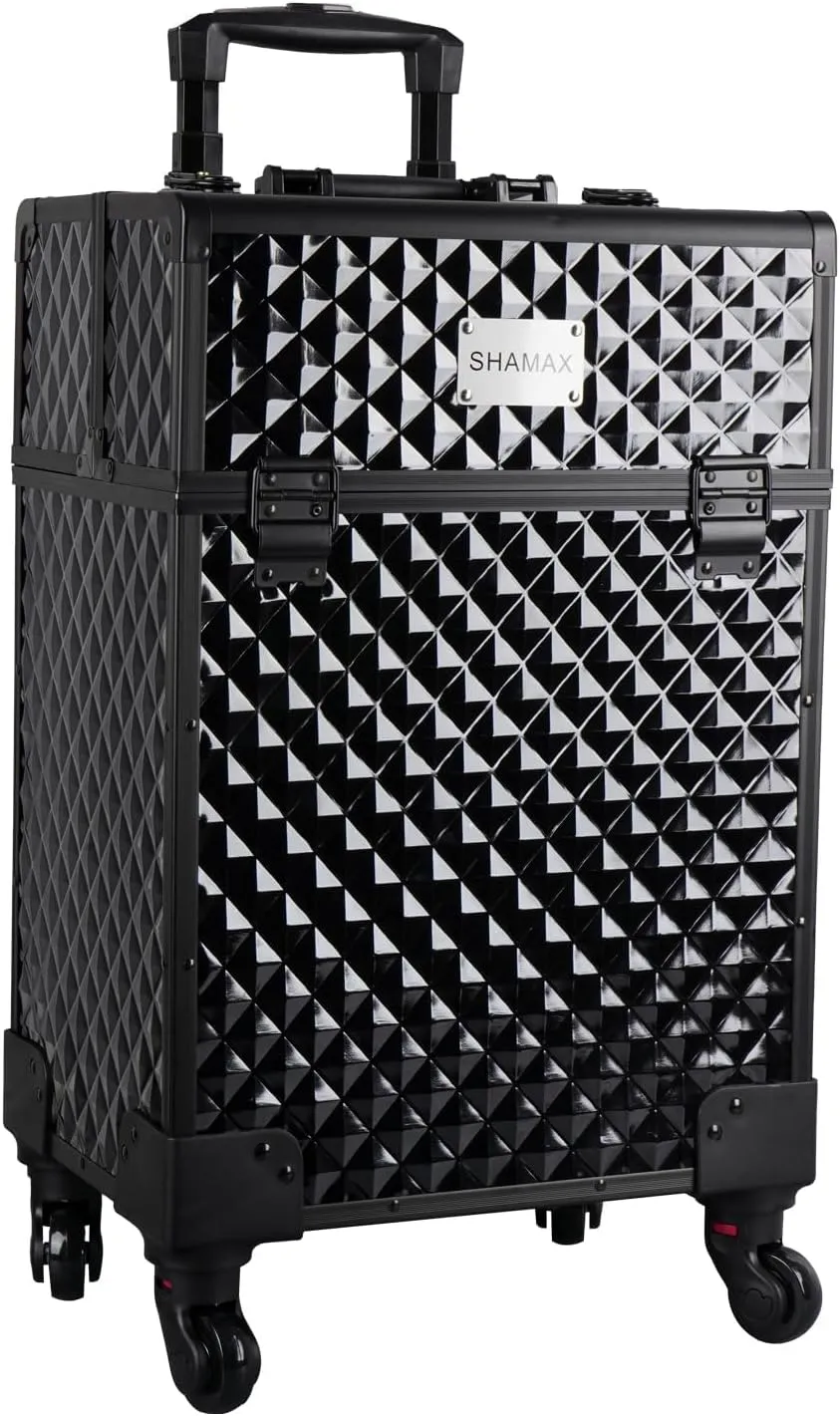 Professional Hardside Luggage Suitcase with Wheels, Jumbo Multi Function Artist Rolling Trolley Makeup Box Beauty Train Case Cosmetic Organizer Makeup Cosmetic Vanity Trolley, 8163 Black, L,