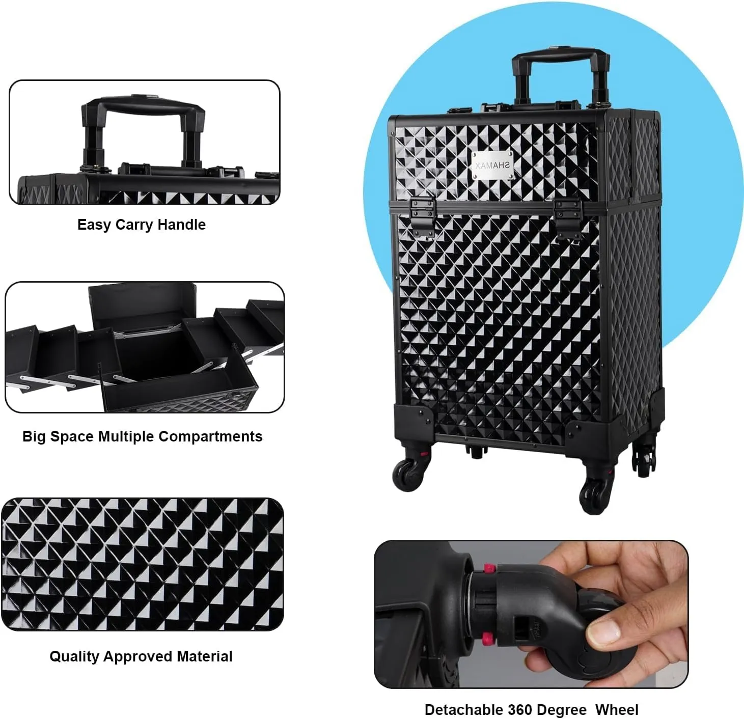 Professional Hardside Luggage Suitcase with Wheels, Jumbo Multi Function Artist Rolling Trolley Makeup Box Beauty Train Case Cosmetic Organizer Makeup Cosmetic Vanity Trolley, 8163 Black, L,