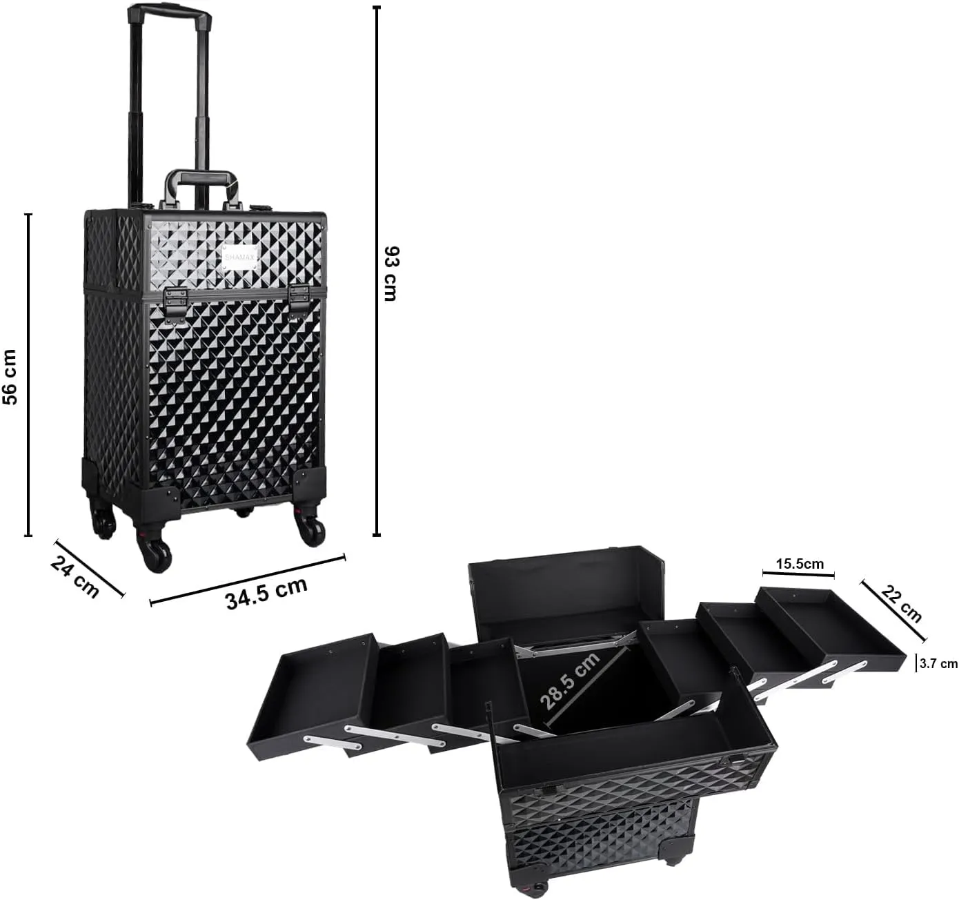 Professional Hardside Luggage Suitcase with Wheels, Jumbo Multi Function Artist Rolling Trolley Makeup Box Beauty Train Case Cosmetic Organizer Makeup Cosmetic Vanity Trolley, 8163 Black, L,