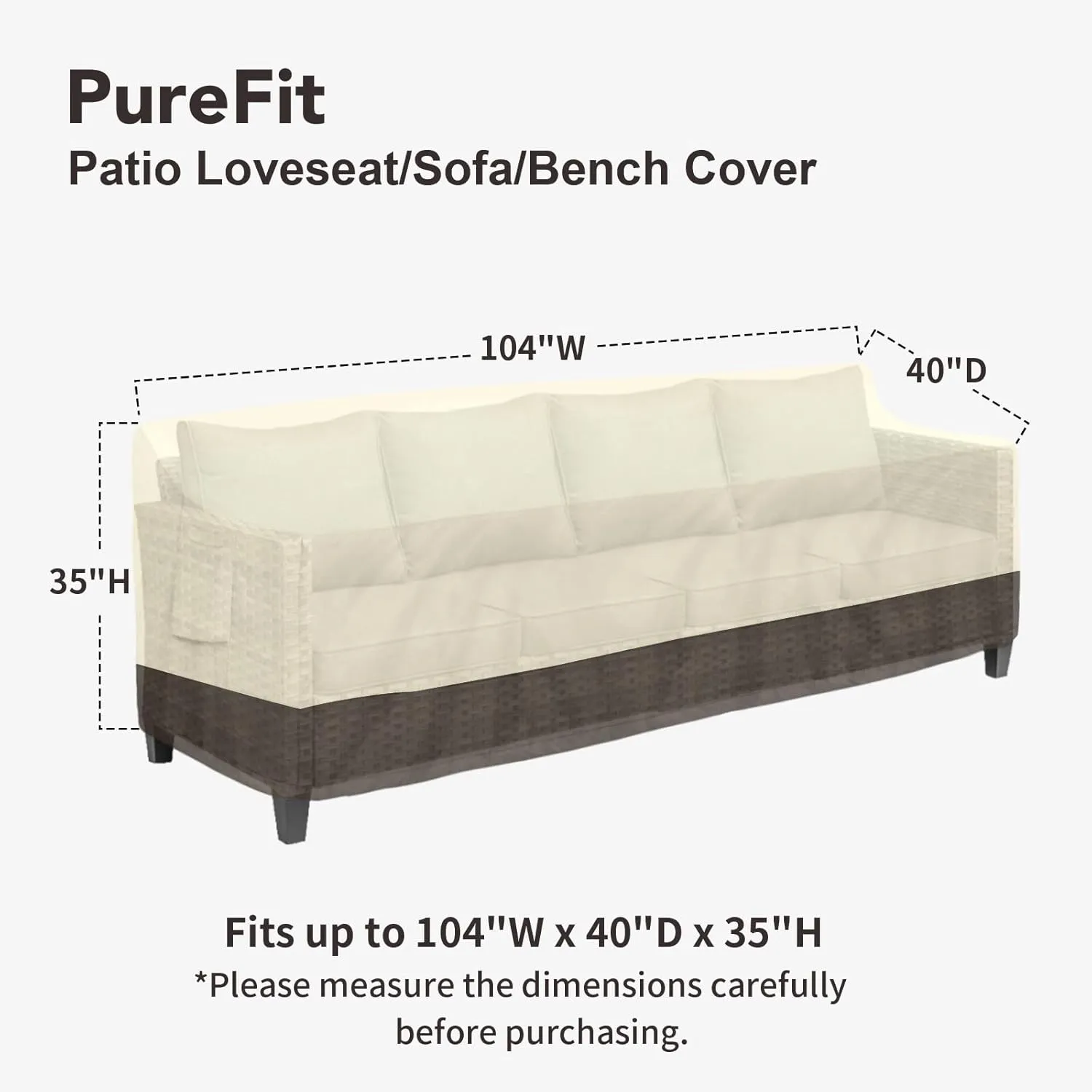 PureFit Outdoor Couch Cover Waterproof Patio Sofa Furniture Covers, 4-Seater Outdoor Cover with Air Vent and Handles, 104W x 40D x 35H Inches, Beige/Brown