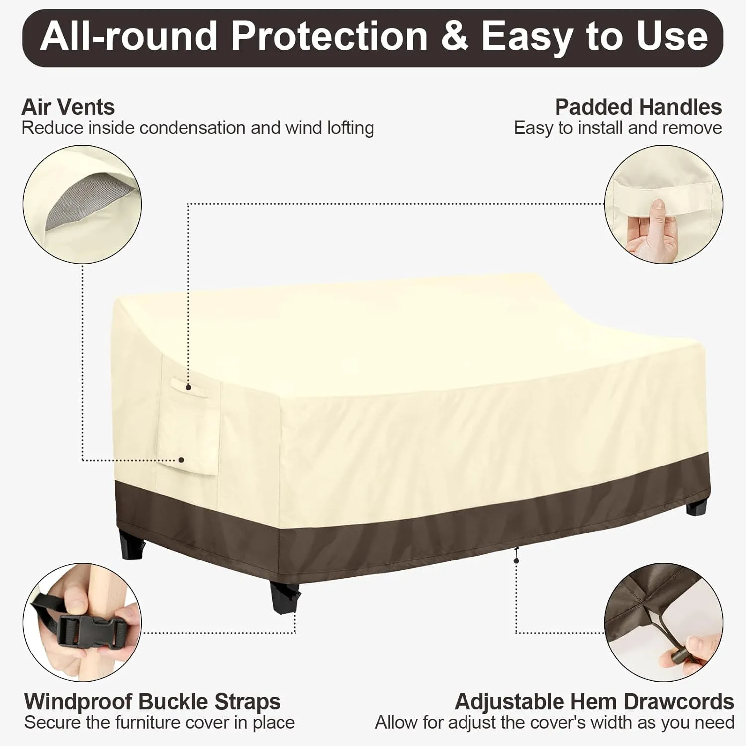 PureFit Outdoor Couch Cover Waterproof Patio Sofa Furniture Covers, 4-Seater Outdoor Cover with Air Vent and Handles, 104W x 40D x 35H Inches, Beige/Brown
