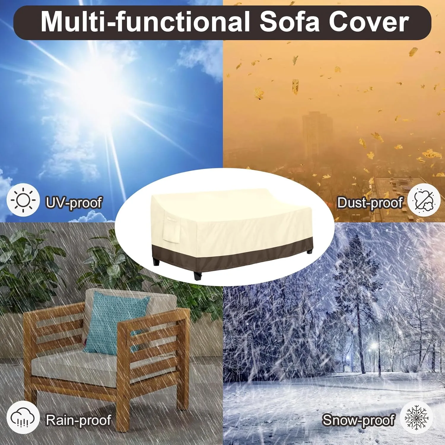 PureFit Outdoor Couch Cover Waterproof Patio Sofa Furniture Covers, 4-Seater Outdoor Cover with Air Vent and Handles, 104W x 40D x 35H Inches, Beige/Brown