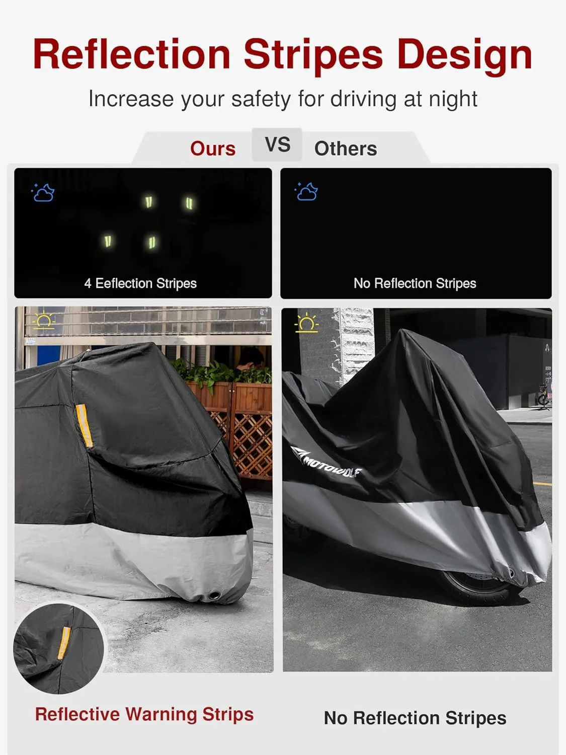 Puroma Motorcycle Cover Heavy Duty Scooter Cover Waterproof Outdoor All Season Universal Weather Quality Protection with Night Reflective, Lock Holes and Storage Bag Fits up to 105" Motorcycle Vehicle