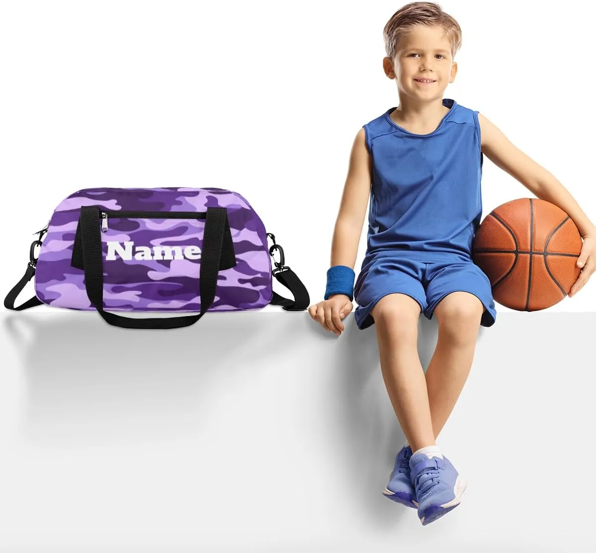 Purple and Black Camouflage Custom Name Kids Duffel Bags Personalized Customized Sports Gym Bag Girls Dance Bag Tote Overnight Weekender Sleepover Carry On Travel Bag for Boys Girls