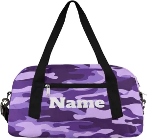 Purple and Black Camouflage Custom Name Kids Duffel Bags Personalized Customized Sports Gym Bag Girls Dance Bag Tote Overnight Weekender Sleepover Carry On Travel Bag for Boys Girls