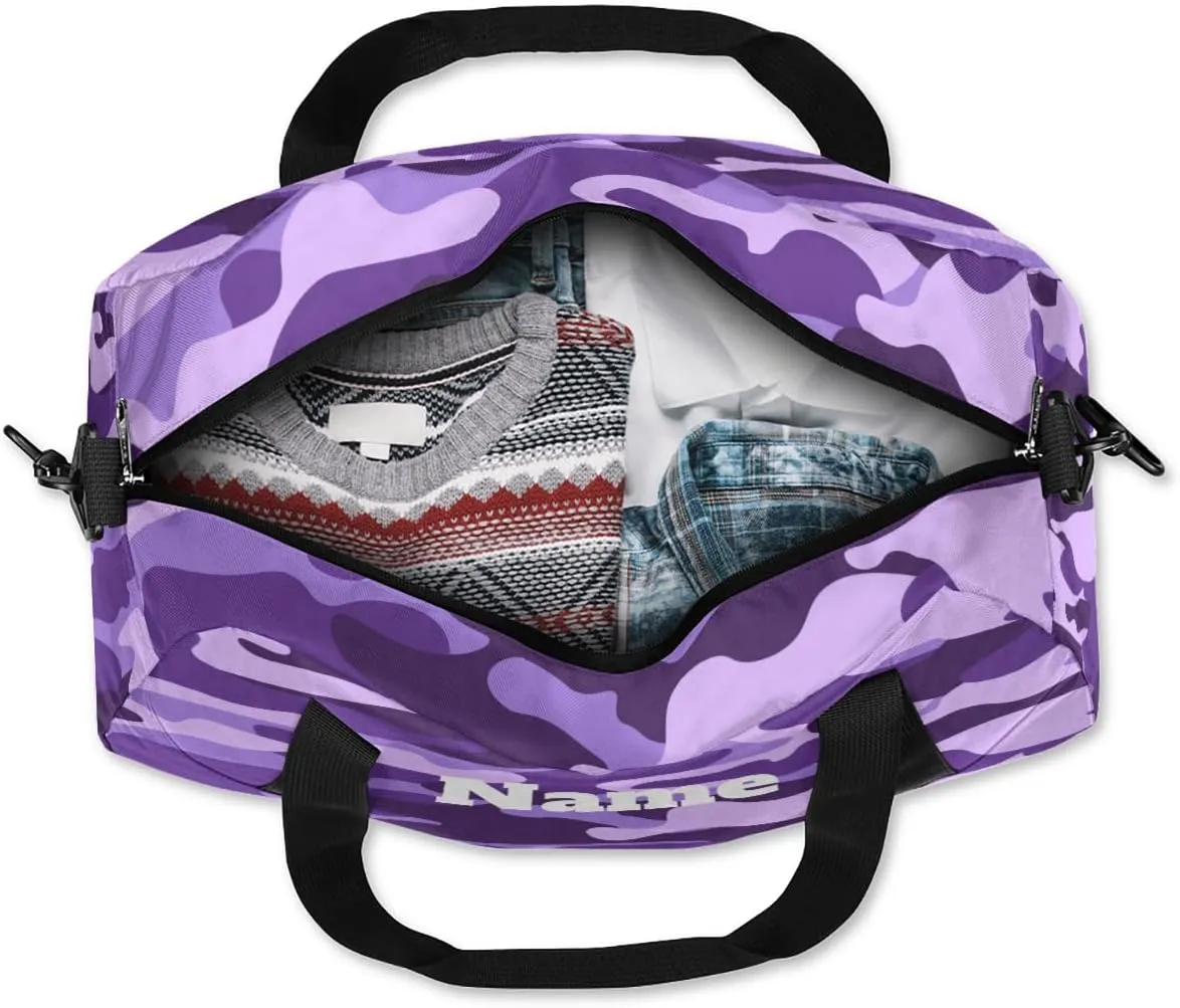 Purple and Black Camouflage Custom Name Kids Duffel Bags Personalized Customized Sports Gym Bag Girls Dance Bag Tote Overnight Weekender Sleepover Carry On Travel Bag for Boys Girls