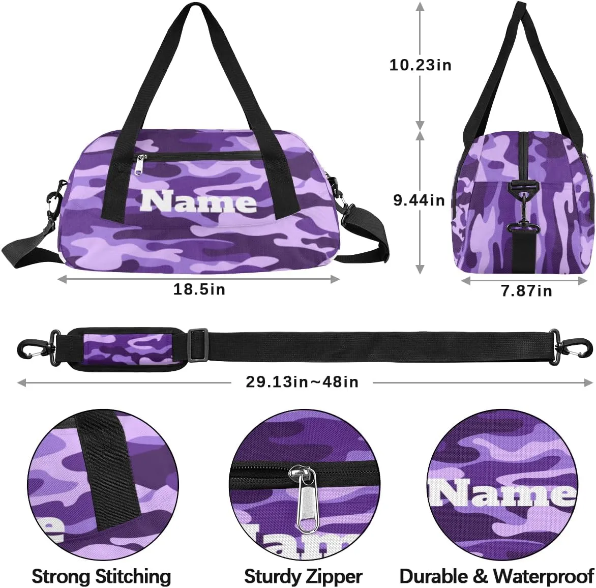 Purple and Black Camouflage Custom Name Kids Duffel Bags Personalized Customized Sports Gym Bag Girls Dance Bag Tote Overnight Weekender Sleepover Carry On Travel Bag for Boys Girls