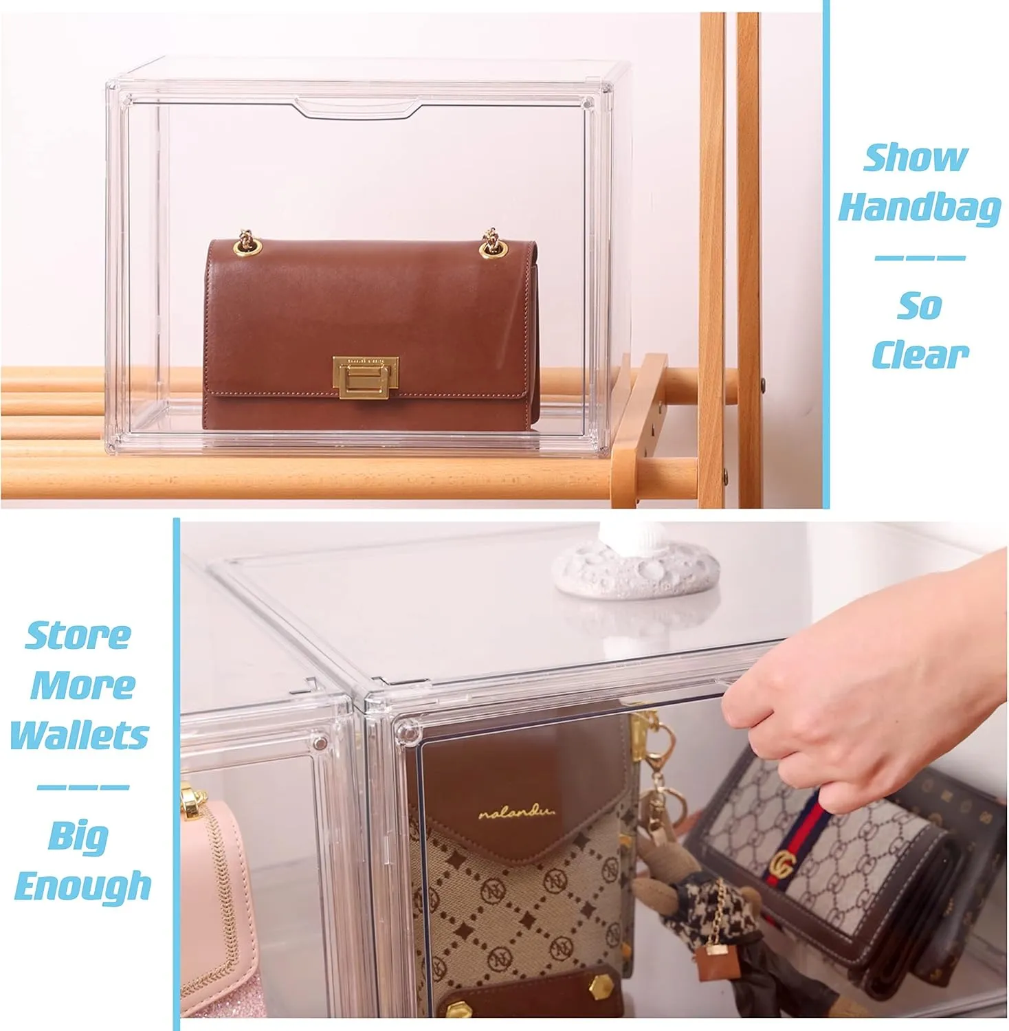 Purse and Handbag Storage Organizer for Closet, Clear Acrylic Display Case for Collectibles, 3 Pack Plastic Storage Boxes with Magnetic Door for Wallet, Cosmetic (Large Door)