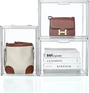 Purse and Handbag Storage Organizer for Closet, Clear Acrylic Display Case for Collectibles, 3 Pack Plastic Storage Boxes with Magnetic Door for Wallet, Cosmetic (Large Door)