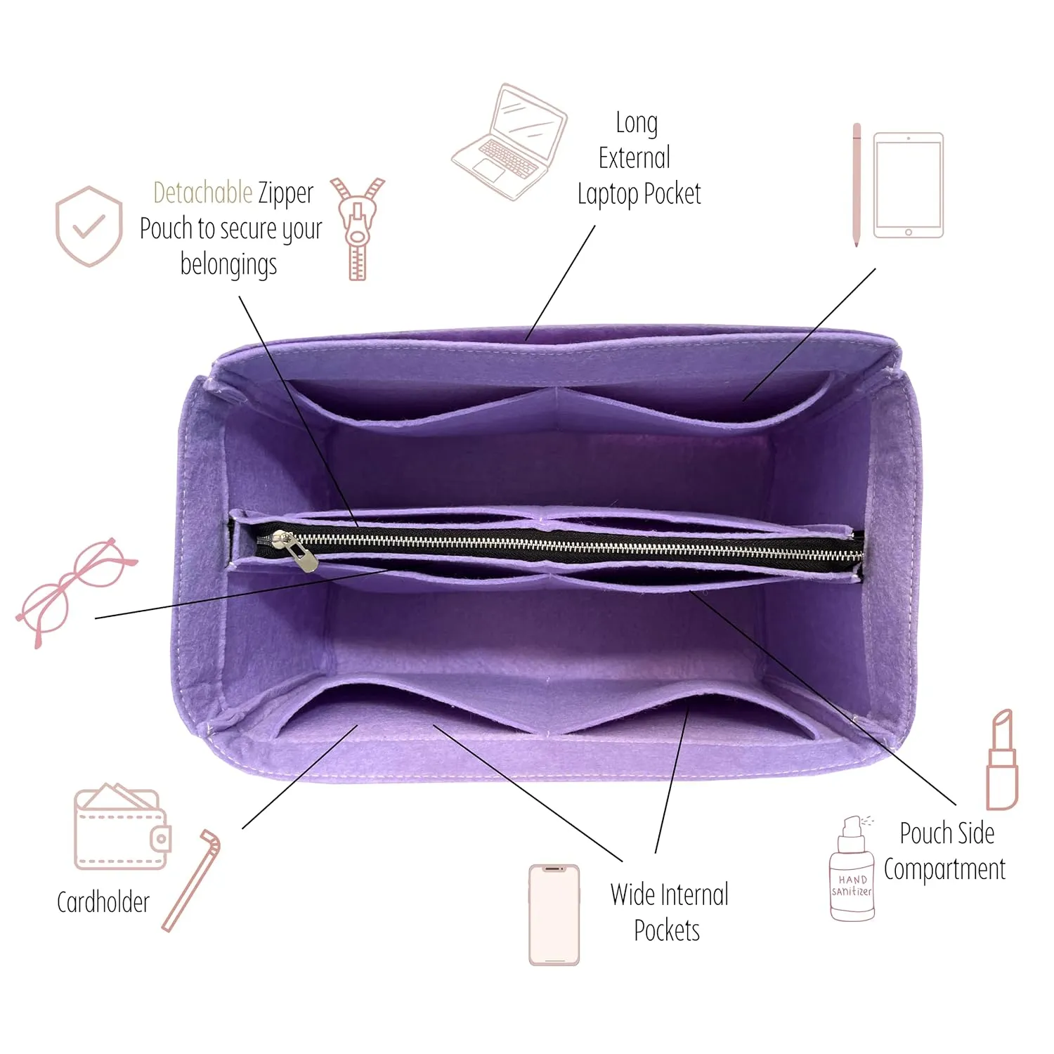 Purse Organizer compatible with Tel*** Bag, Large Organizer Medium Cup Holder, Handmade 2mm Premium Felt Insert with Silver Zipper, Snug Sturdy (For Telfa* Medium Shopping Bag, Tea)
