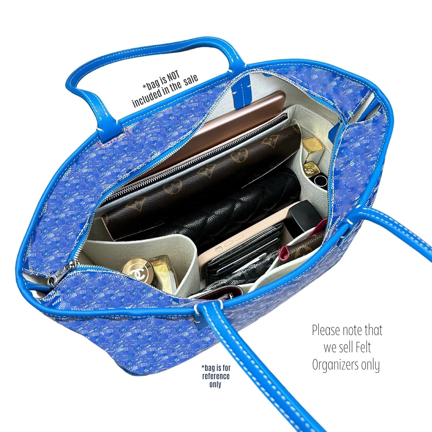 Purse Organizer for Artois MM Bag Organizer, Artois PM Bag Organizer, Artois MM Insert, Handmade 2mm Wool Premium Felt Insert with Silver Zipper Snug Sturdy Fit (Artois PM, Geyser Blue)