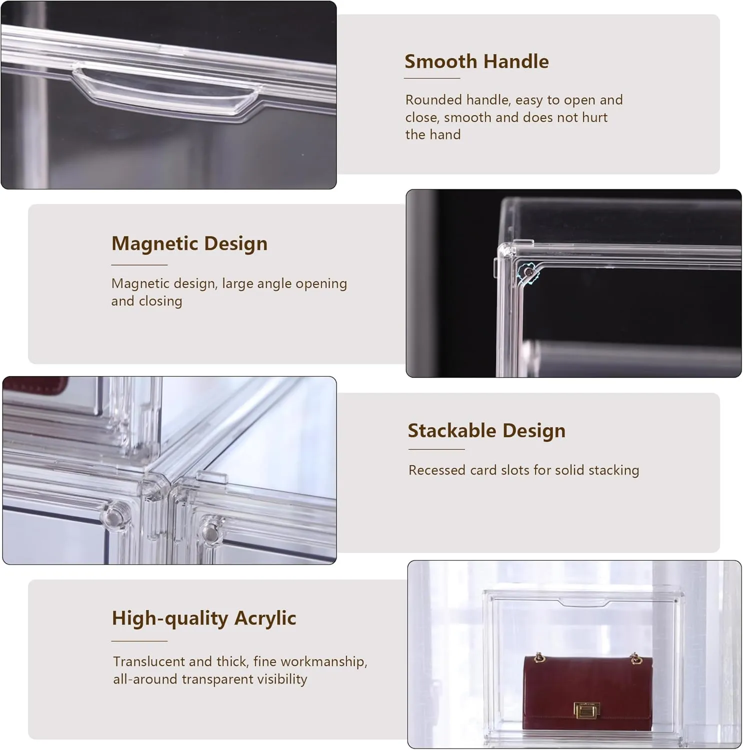 Purse Organizer for Closet, 5 Pack Clear Acrylic Display Case for Purse Handbag Storage, Stackable Purse Storage Boxes with Magnetic Door for Collectibles, Wallet, Cosmetic