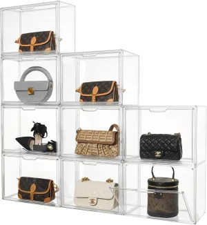 Purse Organizer for Closet,9 Pack Clear Acrylic Display Case for Handbag Organizer, Purse Storage Box with Magnetic Door, Plastic Storage Bins for Book, Collectibles, Cosmetic