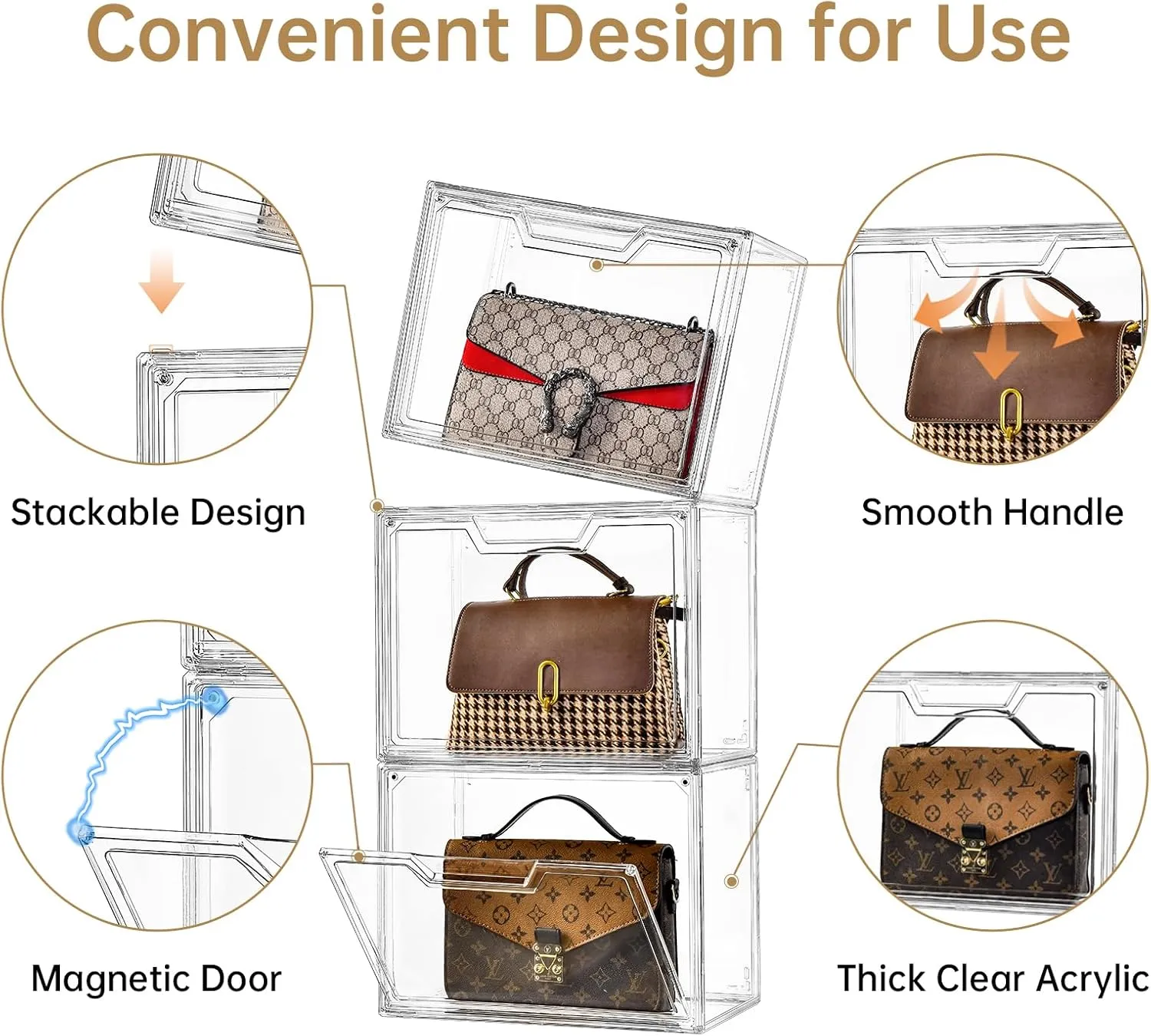 Purse Organizer for Closet,Clear Acrylic Display Case for Handbag Organizer, Purse Storage Box with Magnetic Door, Plastic Storage Bins for Book, Collectibles, Cosmetic (3 Pack)
