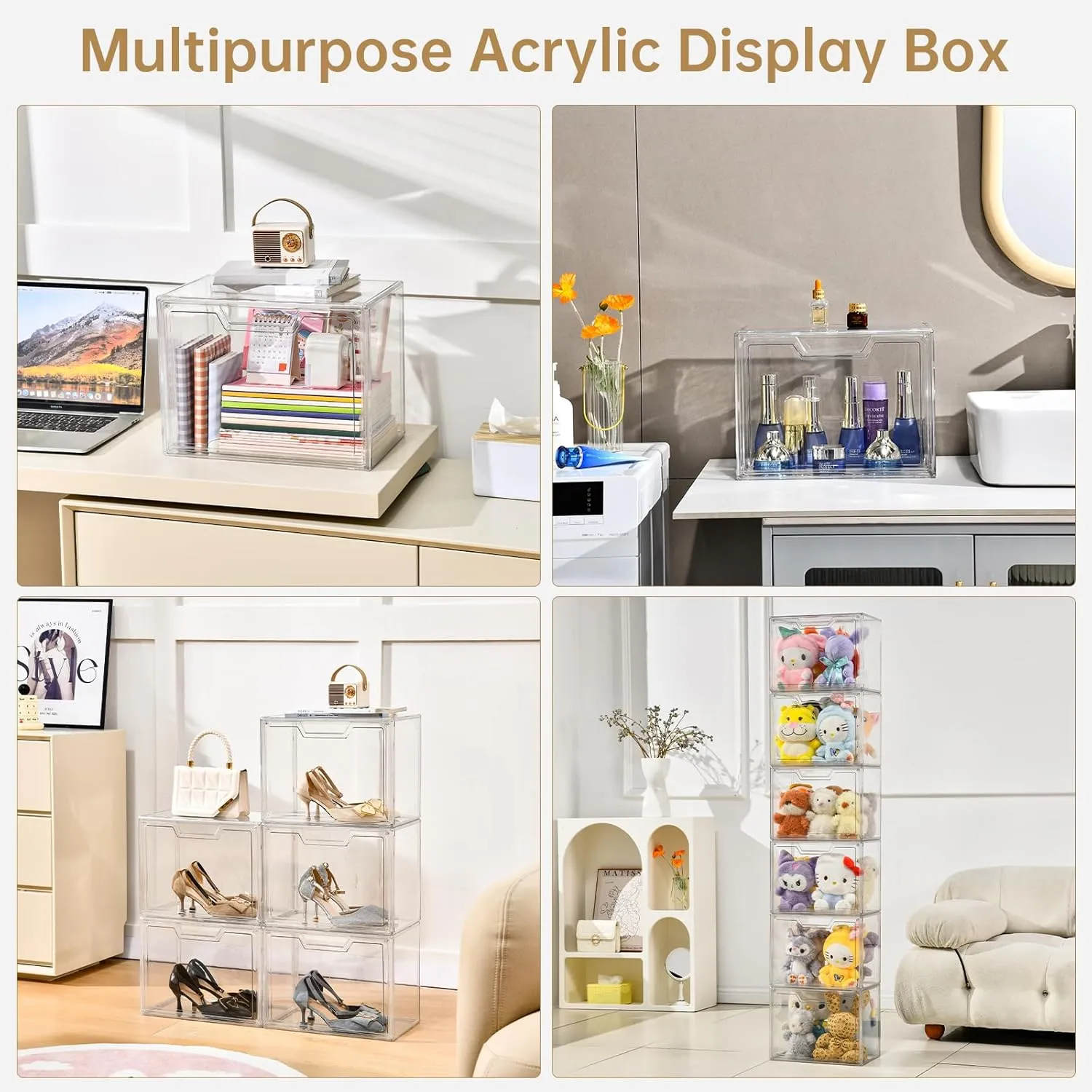 Purse Organizer for Closet,Clear Acrylic Display Case for Handbag Organizer, Purse Storage Box with Magnetic Door, Plastic Storage Bins for Book, Collectibles, Cosmetic (3 Pack)