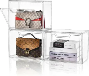 Purse Organizer for Closet,Clear Acrylic Display Case for Handbag Organizer, Purse Storage Box with Magnetic Door, Plastic Storage Bins for Book, Collectibles, Cosmetic (3 Pack)