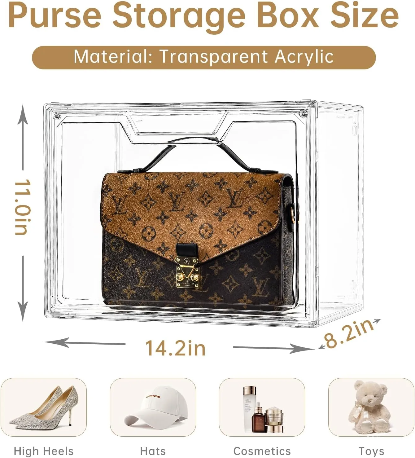 Purse Organizer for Closet,Clear Acrylic Display Case for Handbag Organizer, Purse Storage Box with Magnetic Door, Plastic Storage Bins for Book, Collectibles, Cosmetic (3 Pack)