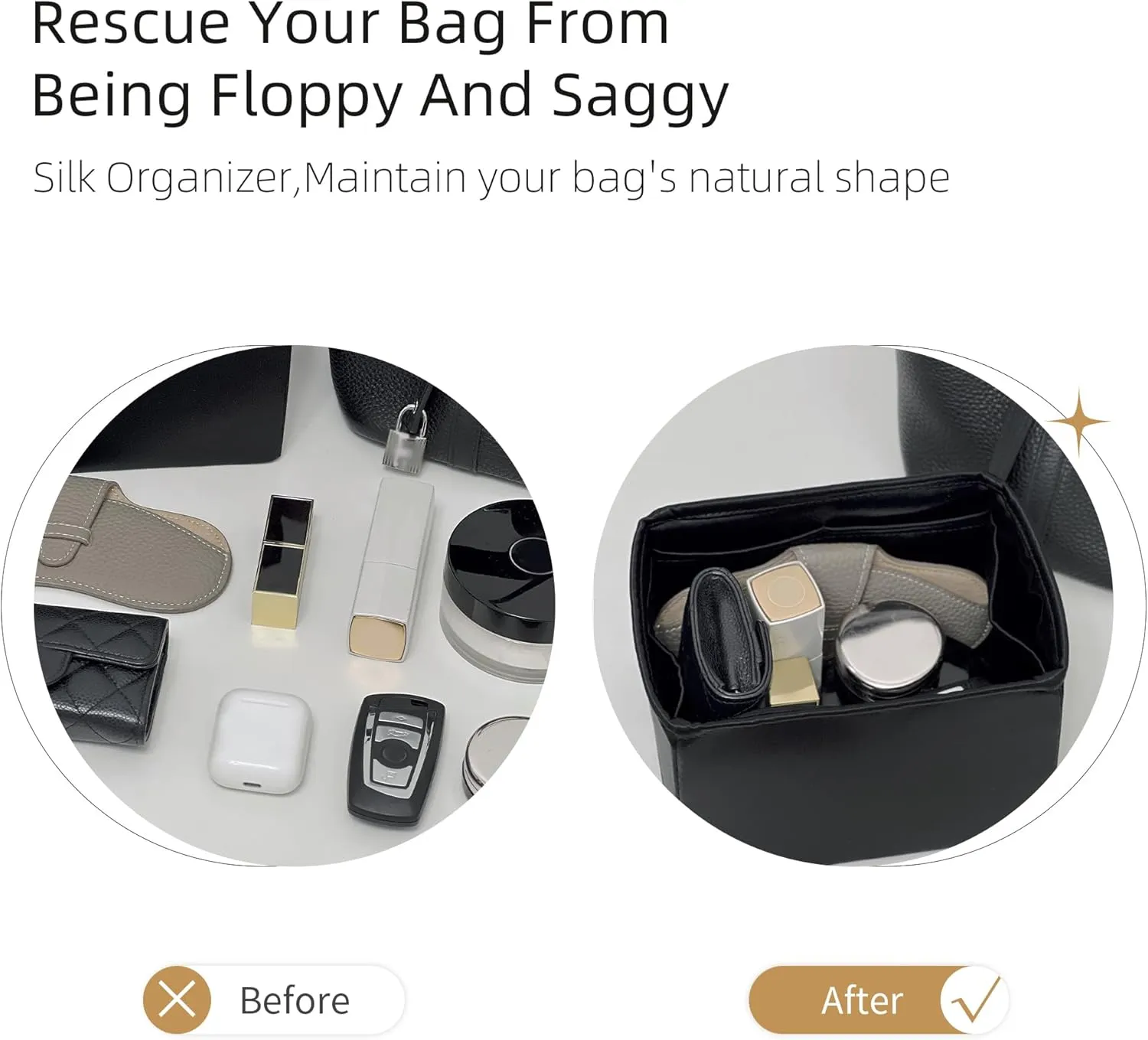 Purse Organizer for Picotin 18/22,Silky Smooth Insert,Lightweight Inside Bag,Luxury Handbag Storage(Picotin 22 with Zipper,Gold)
