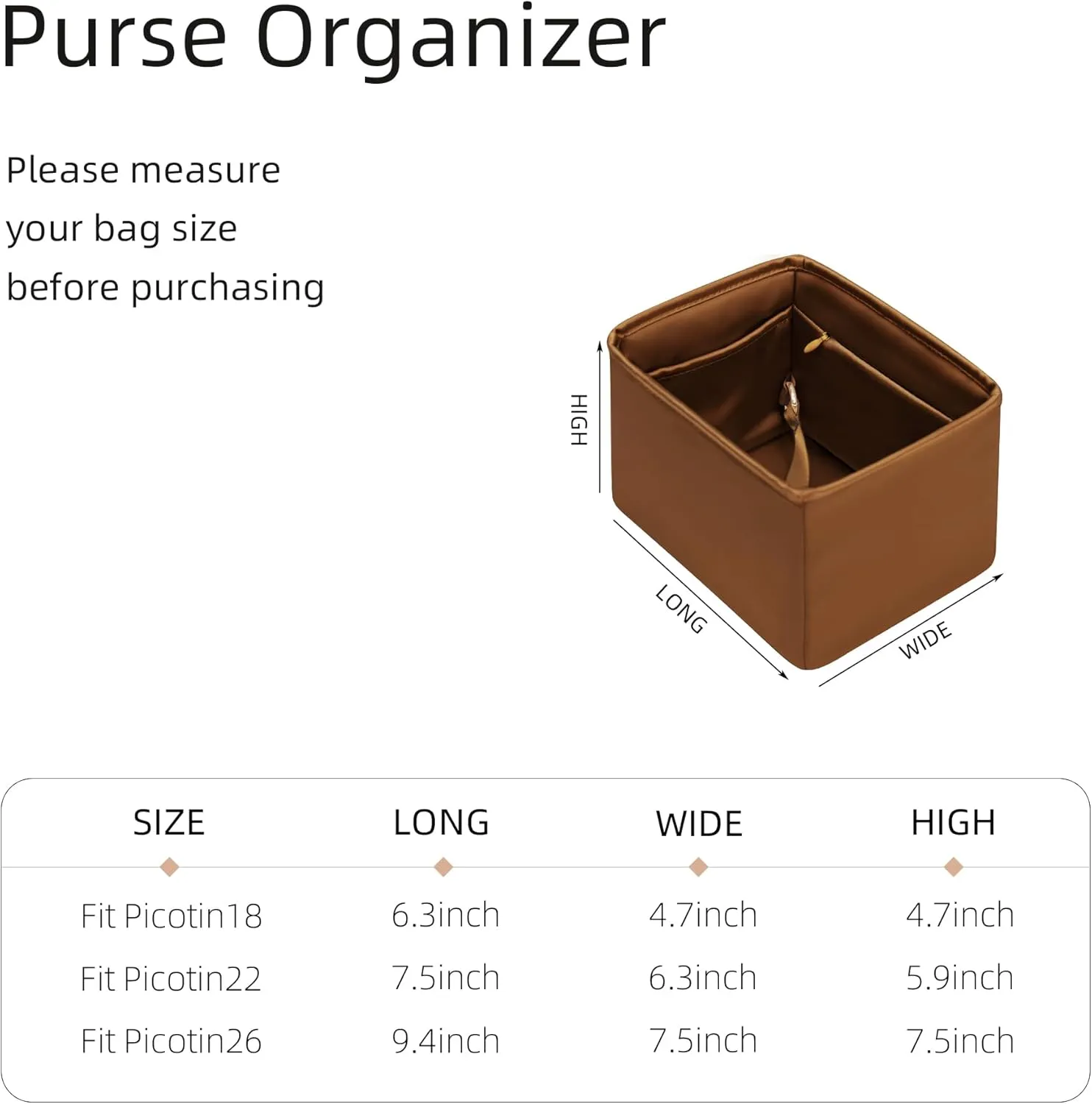 Purse Organizer for Picotin 18/22,Silky Smooth Insert,Lightweight Inside Bag,Luxury Handbag Storage(Picotin 22 with Zipper,Gold)