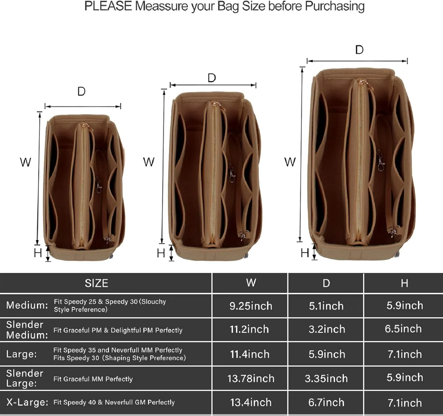 Purse Organizer Insert, Bag Organizer, Bag in Bag, Perfect for Speedy Neverfull and More, 5 Size