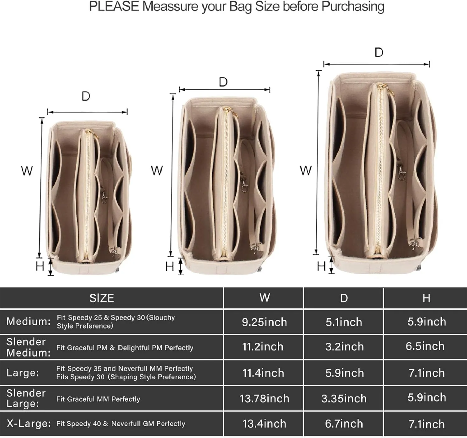 Purse Organizer Insert, Bag Organizer, Bag in Bag, Perfect for Speedy Neverfull and More, 5 Size