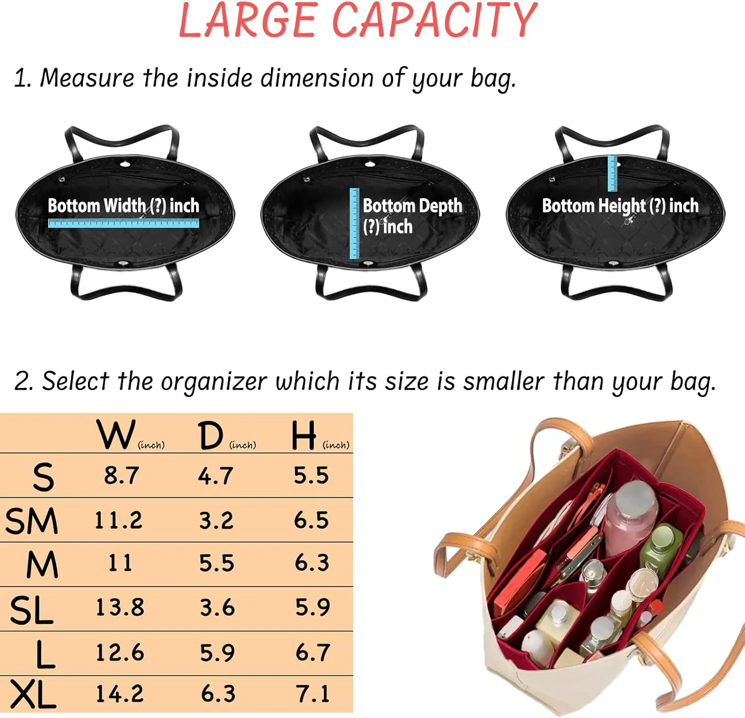 Purse Organizer Insert Felt Bag Organizer Handbag Organizer Insert Bag In Bag Organizer for Tote Purse Bag 14 Pockets Dark Red Large