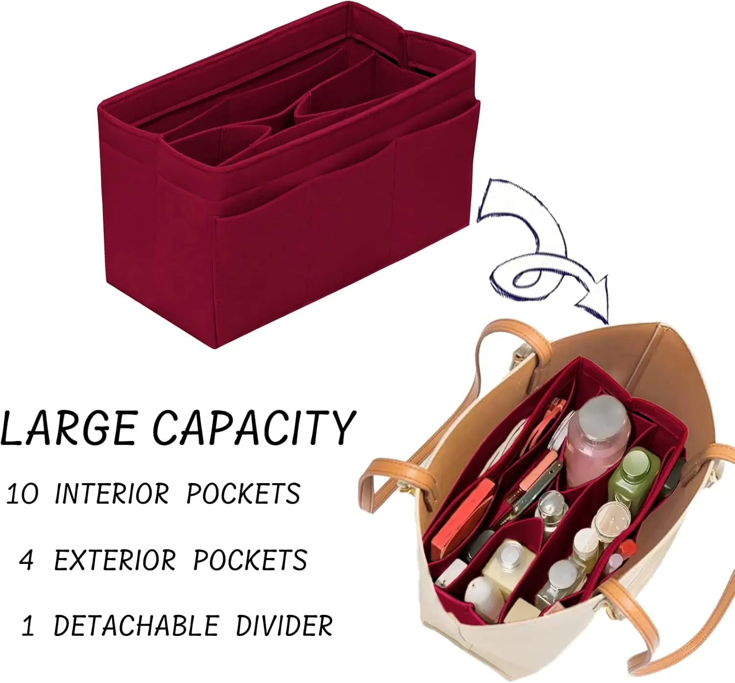 Purse Organizer Insert Felt Bag Organizer Handbag Organizer Insert Bag In Bag Organizer for Tote Purse Bag 14 Pockets Dark Red Large