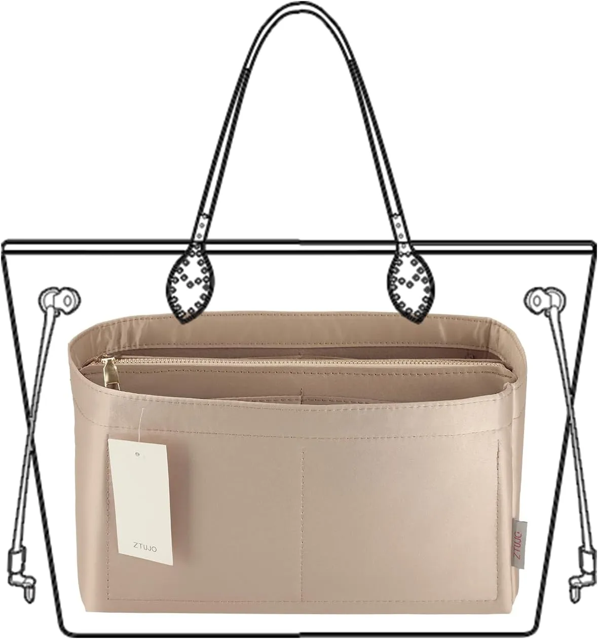 Purse Organizer Insert For Handbags, Purse Organizer With Zipper, Neverfull Organizer, Bag Organizer For Speedy Neverfull ONTHEGO Tote, Handbag and More (Silky Beige, Medium)