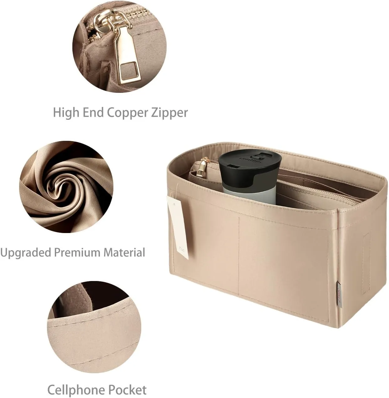 Purse Organizer Insert For Handbags, Purse Organizer With Zipper, Neverfull Organizer, Bag Organizer For Speedy Neverfull ONTHEGO Tote, Handbag and More (Silky Beige, Medium)