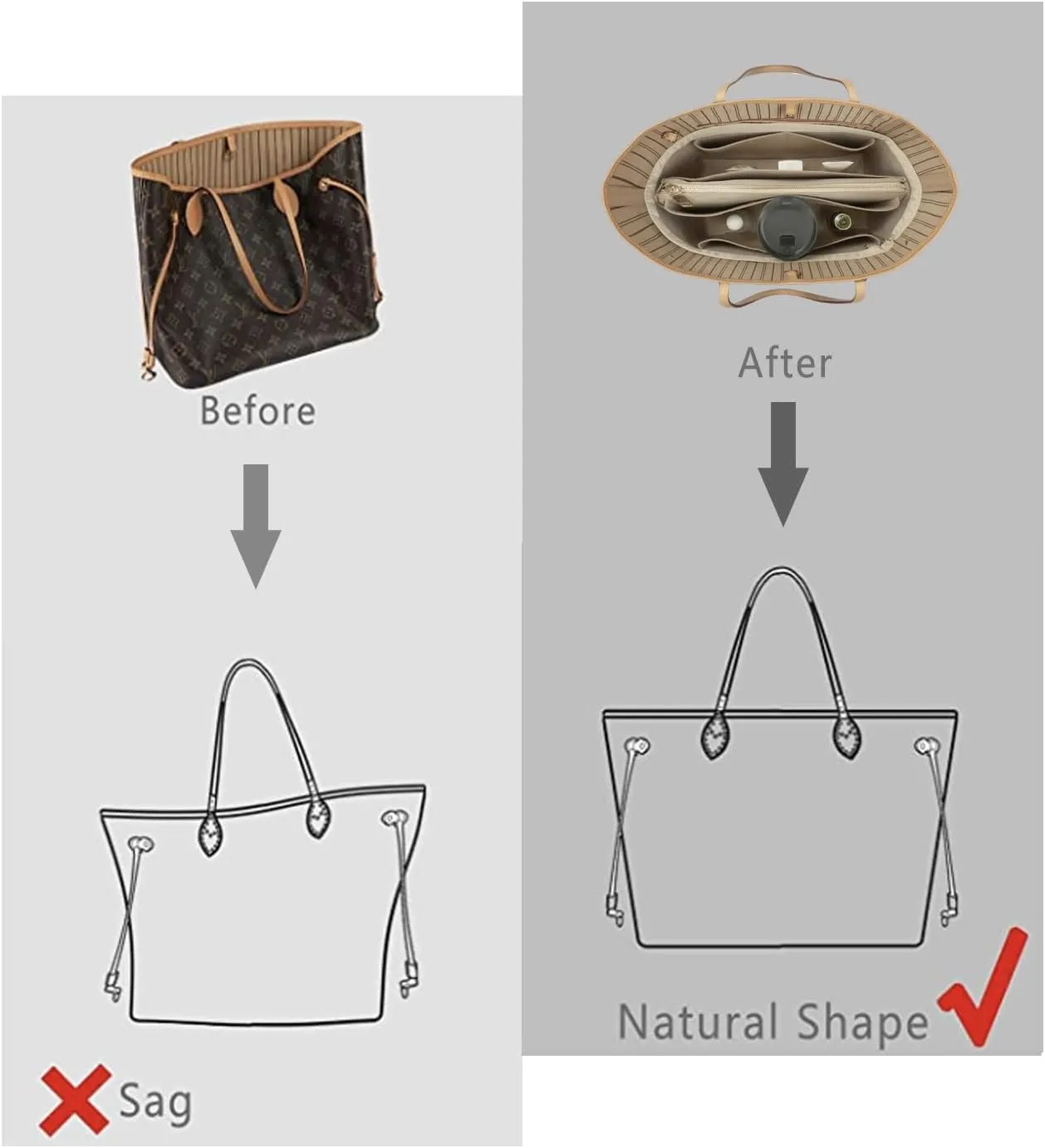 Purse Organizer Insert For Handbags, Purse Organizer With Zipper, Neverfull Organizer, Bag Organizer For Speedy Neverfull ONTHEGO Tote, Handbag and More (Silky Beige, Medium)