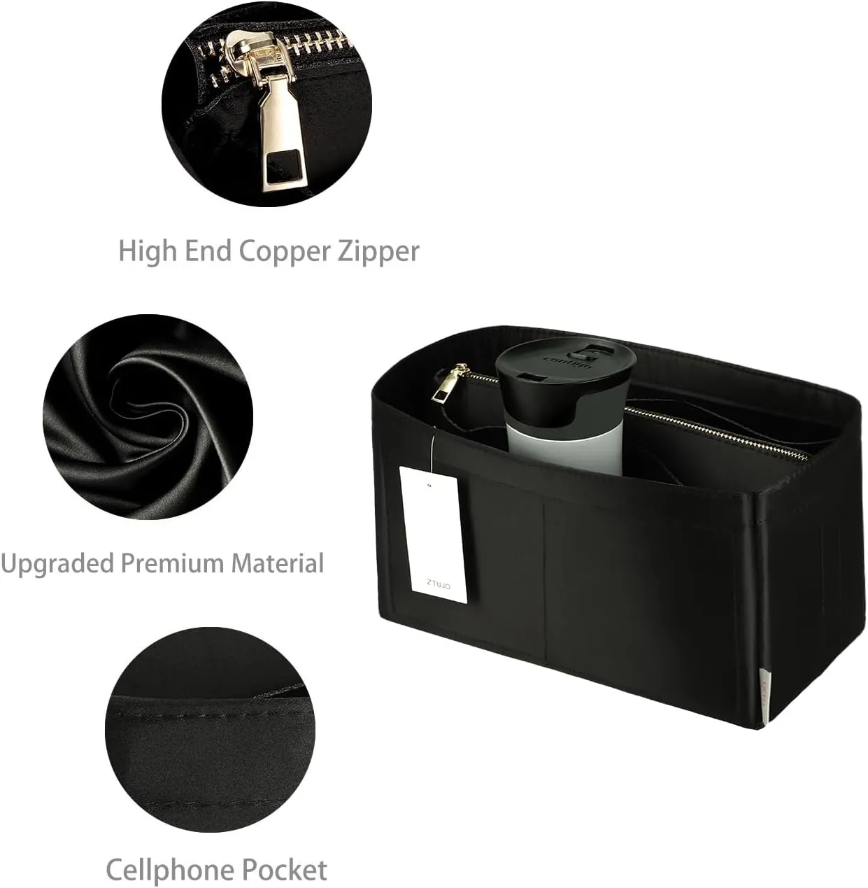 Purse Organizer Insert For Handbags, Purse Organizer With Zipper, Neverfull Organizer, Bag Organizer For Speedy Neverfull ONTHEGO Tote, Handbag and More (Silky Black, Slender Large)