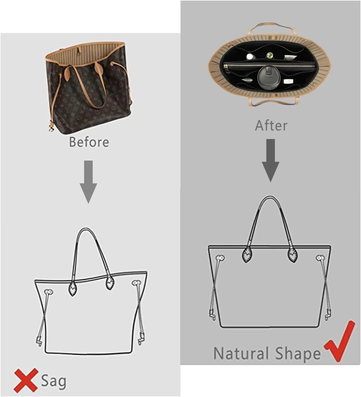 Purse Organizer Insert For Handbags, Purse Organizer With Zipper, Neverfull Organizer, Bag Organizer For Speedy Neverfull ONTHEGO Tote, Handbag and More (Silky Black, Slender Large)