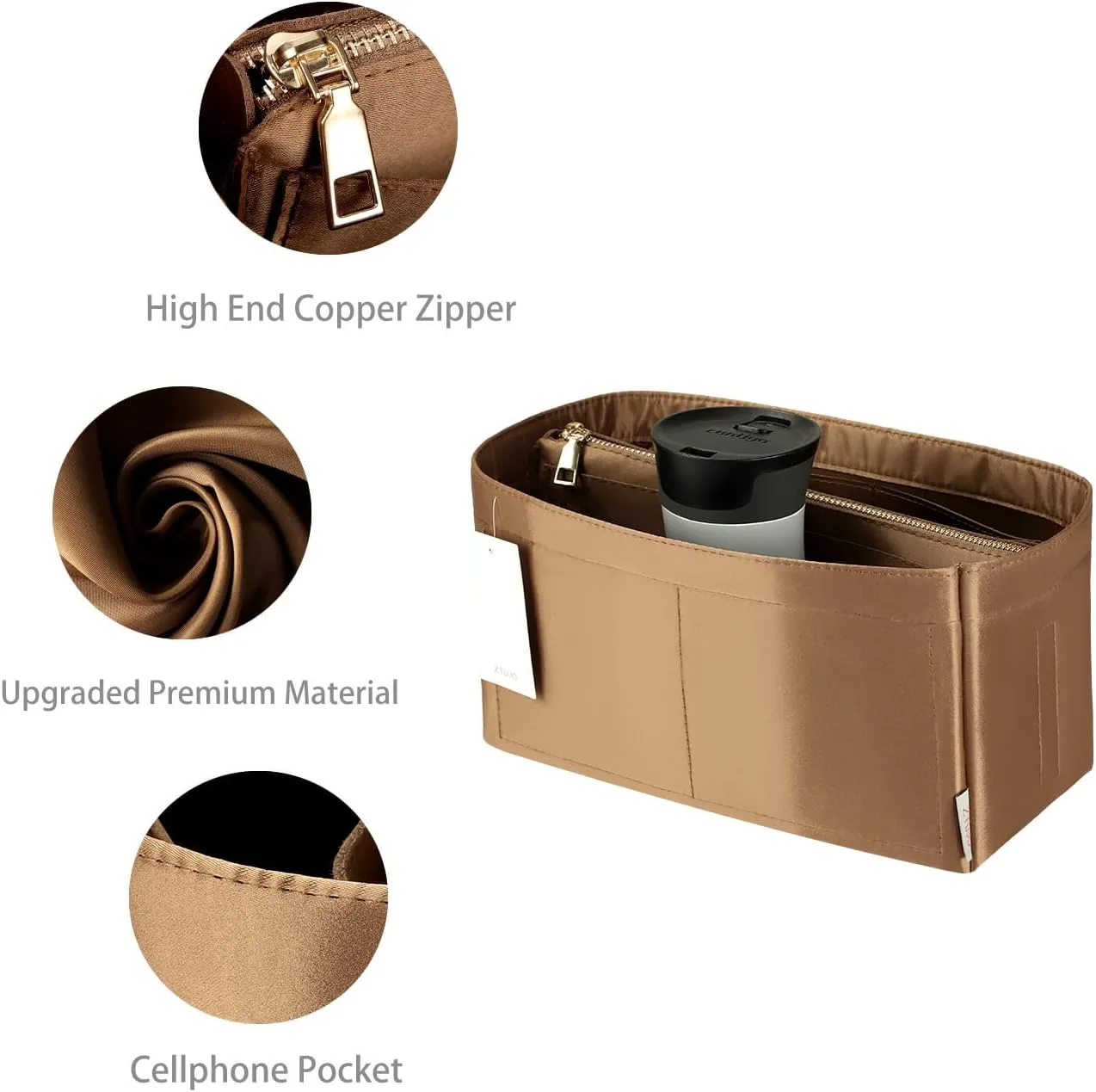 Purse Organizer Insert For Handbags, Purse Organizer With Zipper, Neverfull Organizer, Bag Organizer For Speedy Neverfull ONTHEGO Tote, Handbag and More (Silky Brown, X-Large)