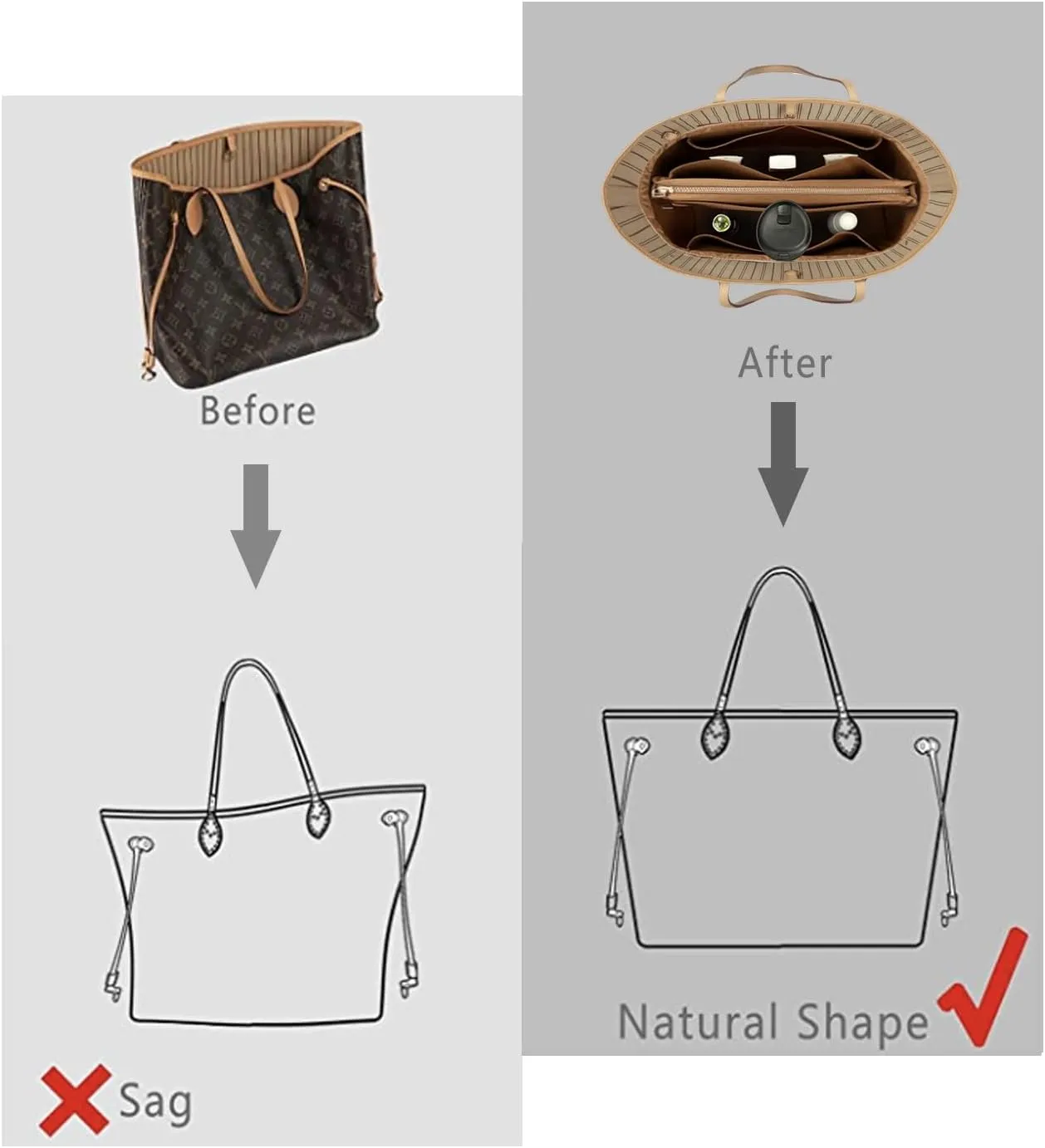 Purse Organizer Insert For Handbags, Purse Organizer With Zipper, Neverfull Organizer, Bag Organizer For Speedy Neverfull ONTHEGO Tote, Handbag and More (Silky Brown, X-Large)