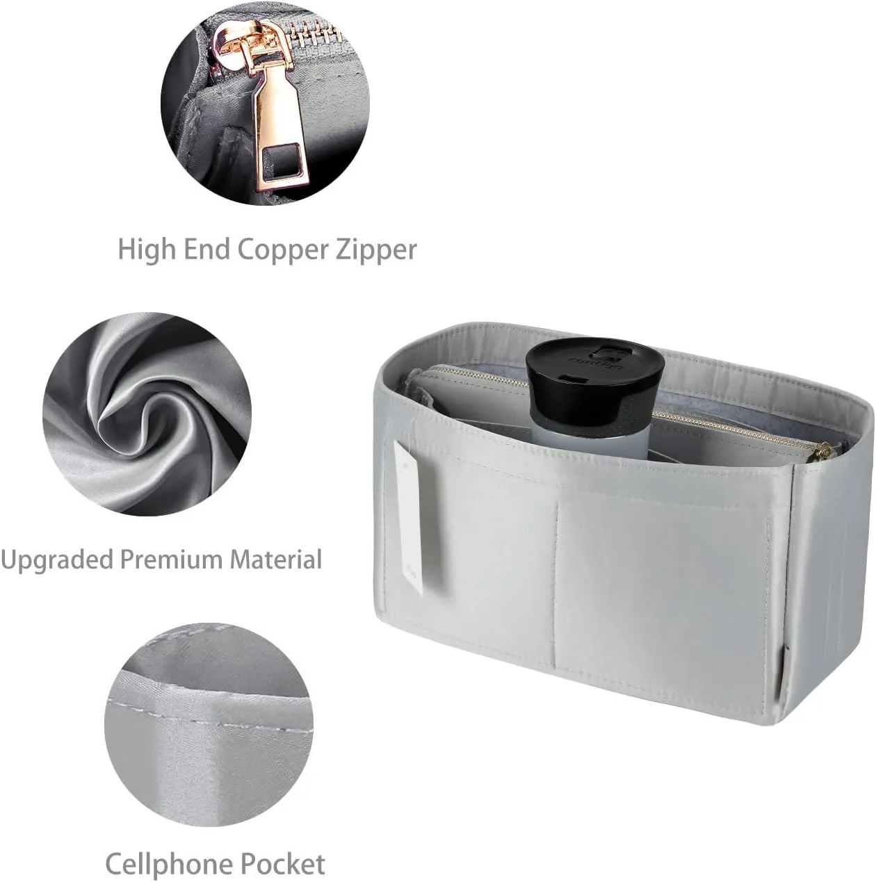 Purse Organizer Insert For Handbags, Purse Organizer With Zipper, Neverfull Organizer, Bag Organizer For Speedy Neverfull ONTHEGO Tote, Handbag and More (Silky Grey, X-Large)