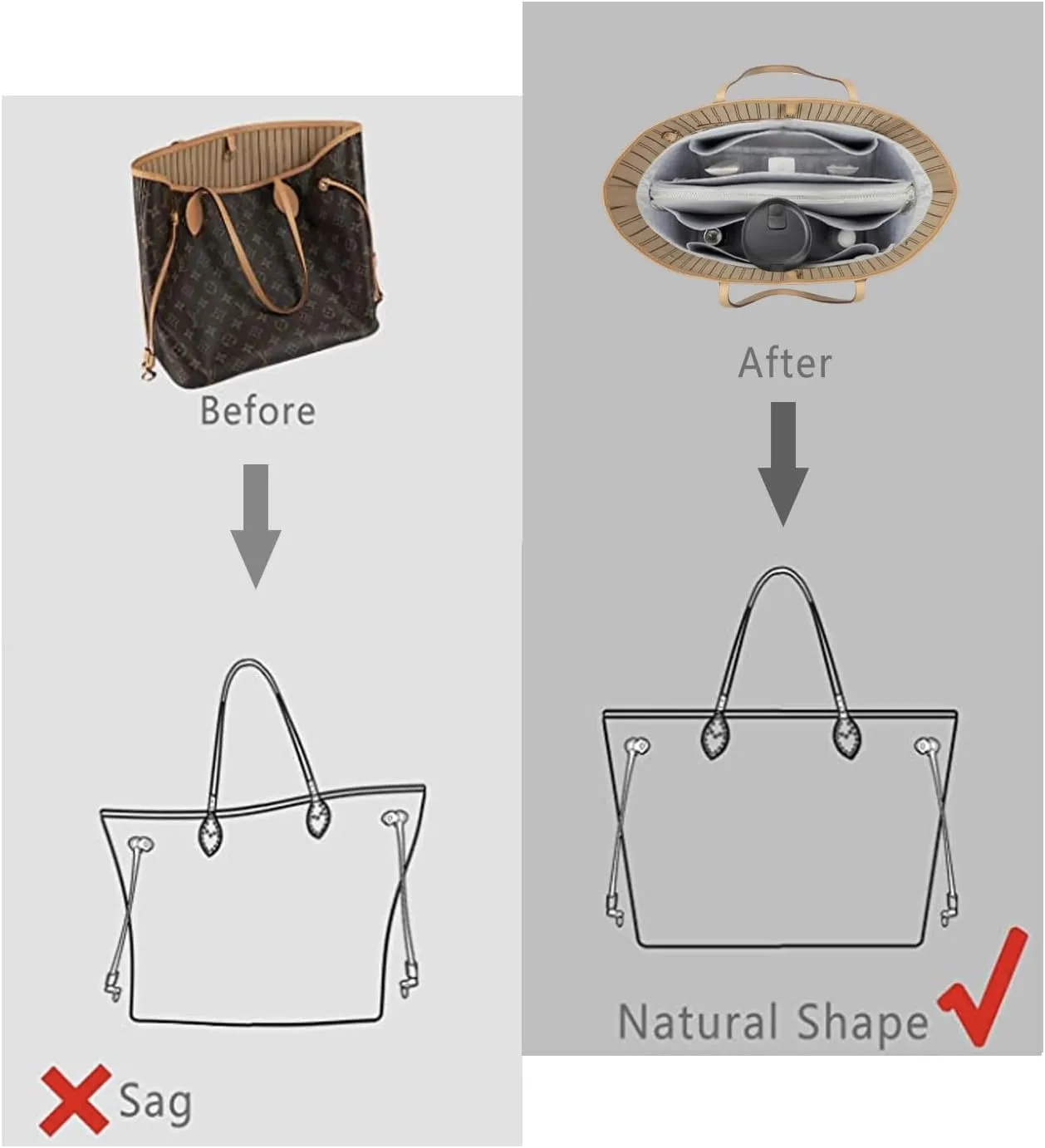 Purse Organizer Insert For Handbags, Purse Organizer With Zipper, Neverfull Organizer, Bag Organizer For Speedy Neverfull ONTHEGO Tote, Handbag and More (Silky Grey, X-Large)