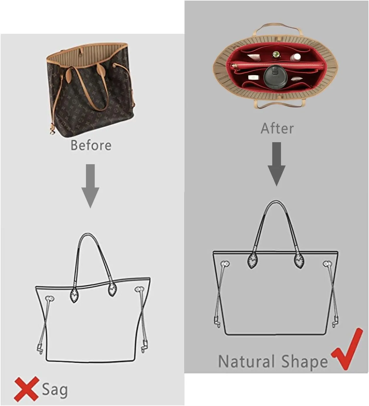 Purse Organizer Insert For Handbags, Purse Organizer With Zipper, Neverfull Organizer, Bag Organizer For Speedy Neverfull ONTHEGO Tote, Handbag and More (Silky Red, Medium)