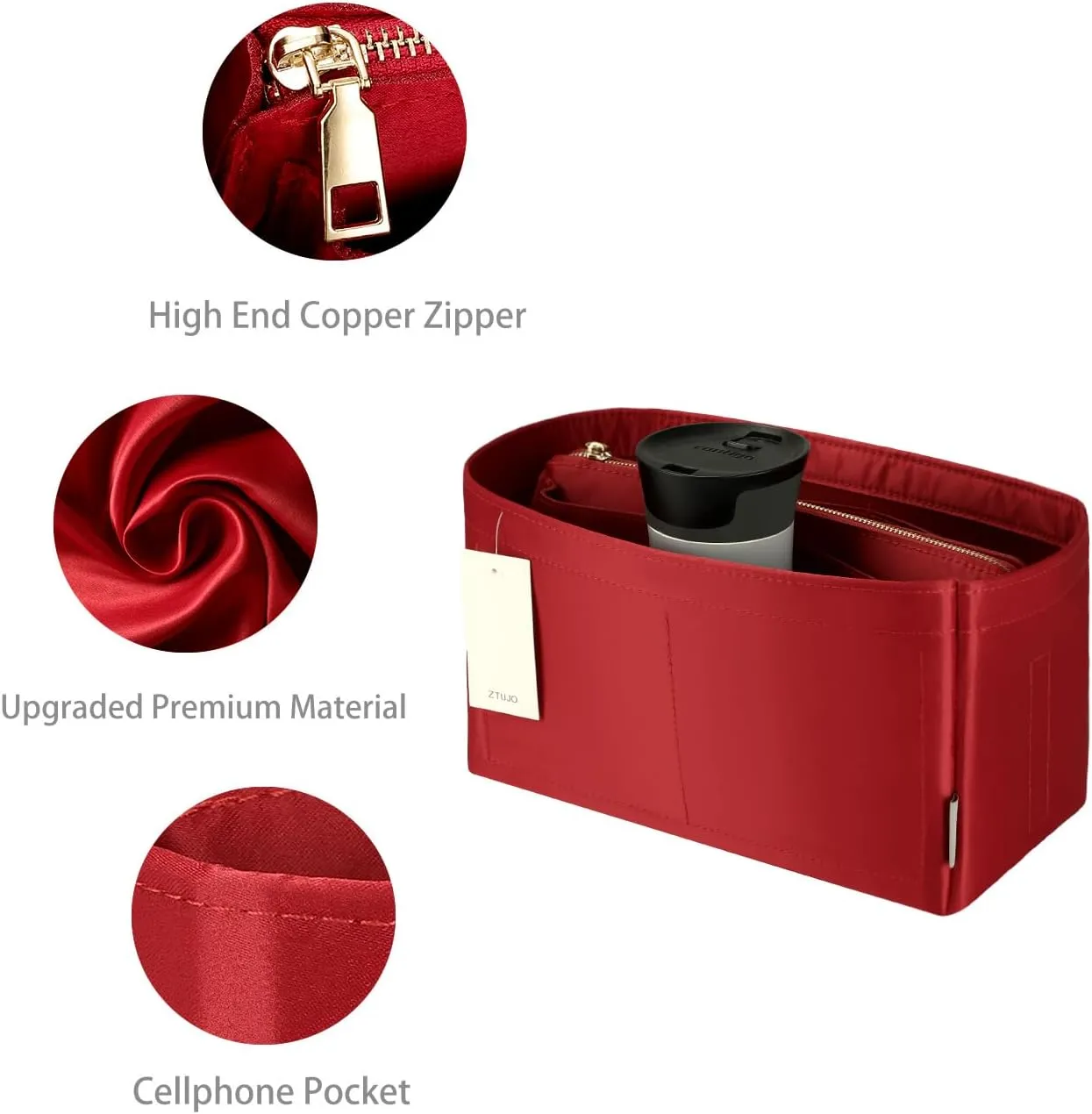 Purse Organizer Insert For Handbags, Purse Organizer With Zipper, Neverfull Organizer, Bag Organizer For Speedy Neverfull ONTHEGO Tote, Handbag and More (Silky Red, Medium)
