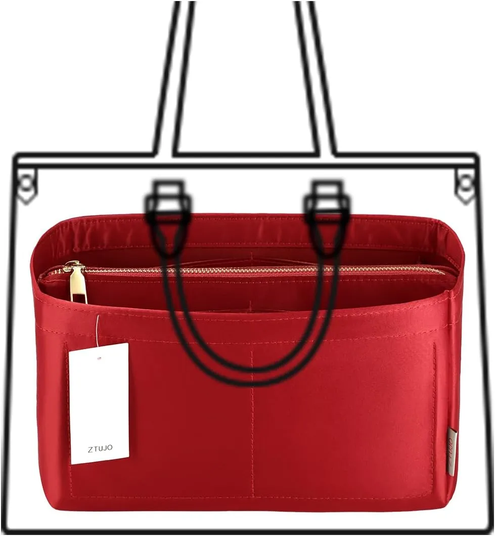 Purse Organizer Insert For Handbags, Purse Organizer With Zipper, Neverfull Organizer, Bag Organizer For Speedy Neverfull ONTHEGO Tote, Handbag and More (Silky Red, Medium)