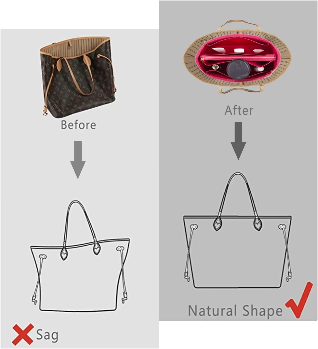 Purse Organizer Insert For Handbags, Purse Organizer With Zipper, Neverfull Organizer, Bag Organizer For Speedy Neverfull ONTHEGO Tote, Handbag and More (Silky Rosy, Mini)