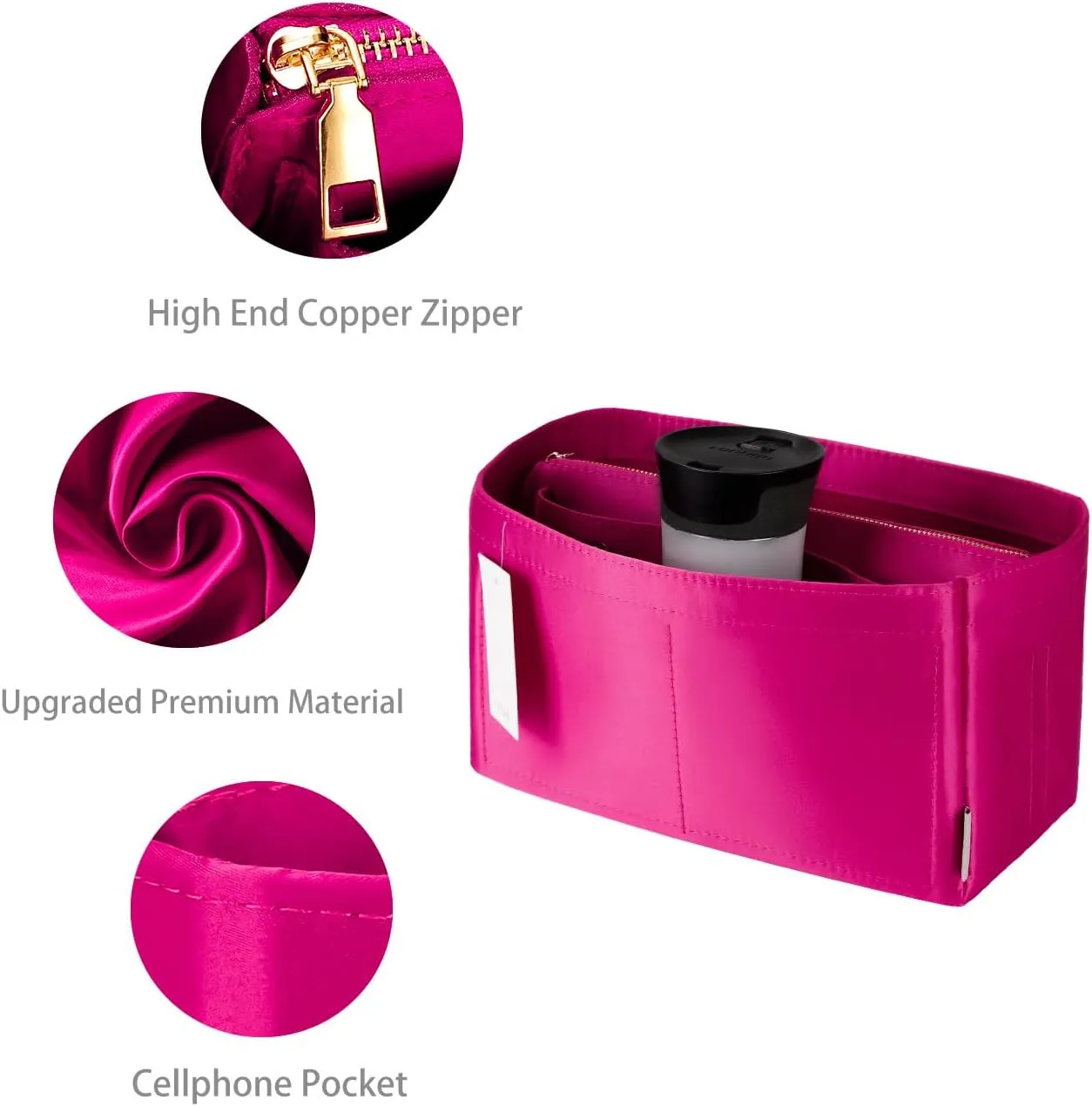 Purse Organizer Insert For Handbags, Purse Organizer With Zipper, Neverfull Organizer, Bag Organizer For Speedy Neverfull ONTHEGO Tote, Handbag and More (Silky Rosy, Mini)