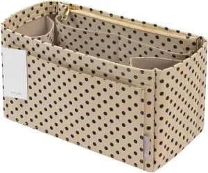 Purse Organizer Insert For Handbags, Silky Touching Bag Organizer Insert With Bottle Holder, Perfect for Speedy, Neverfull, Tote,ONTHEGO ,Artsy,Handbag and More (Slender Medium, Brown polk dots Beige)
