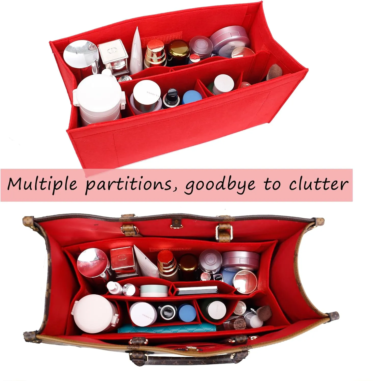 Purse Organizer Insert for Handbags Tote Bag ONTHEGO MM 35 with Multiple Pockets,Bag In Bag(Felt,Red-With Cover-L), MM,L