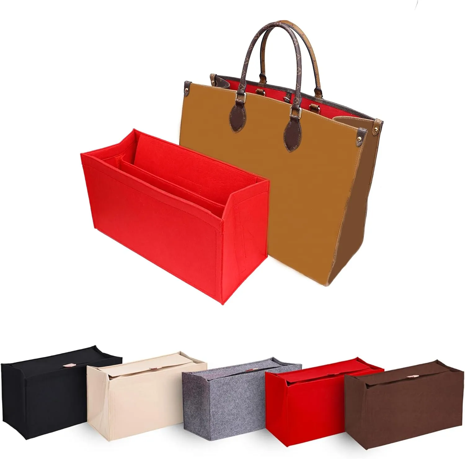 Purse Organizer Insert for Handbags Tote Bag ONTHEGO MM 35 with Multiple Pockets,Bag In Bag(Felt,Red-With Cover-L), MM,L