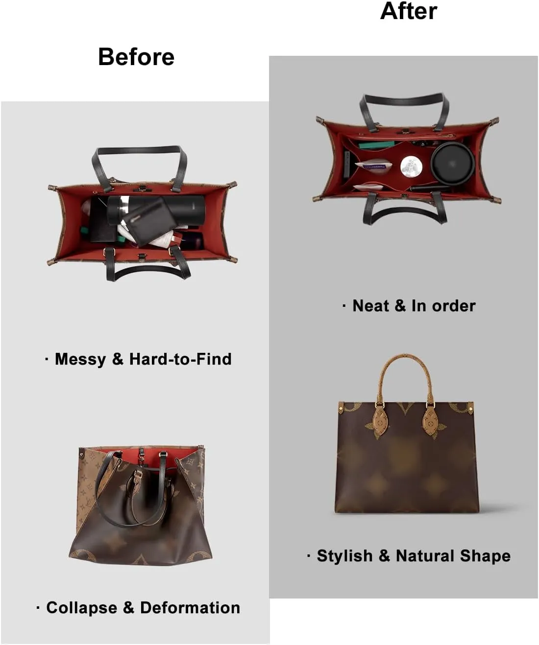 Purse Organizer Insert For Handbags, Tote Bag Organizer Insert, Compatible with Onthego MM (Large, Red)