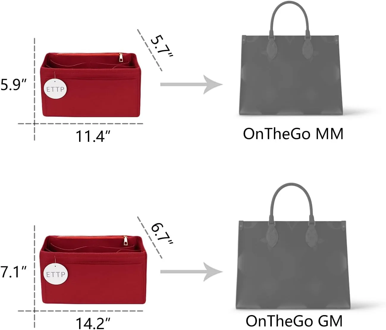 Purse Organizer Insert For Handbags, Tote Bag Organizer Insert, Compatible with Onthego MM (Large, Red)