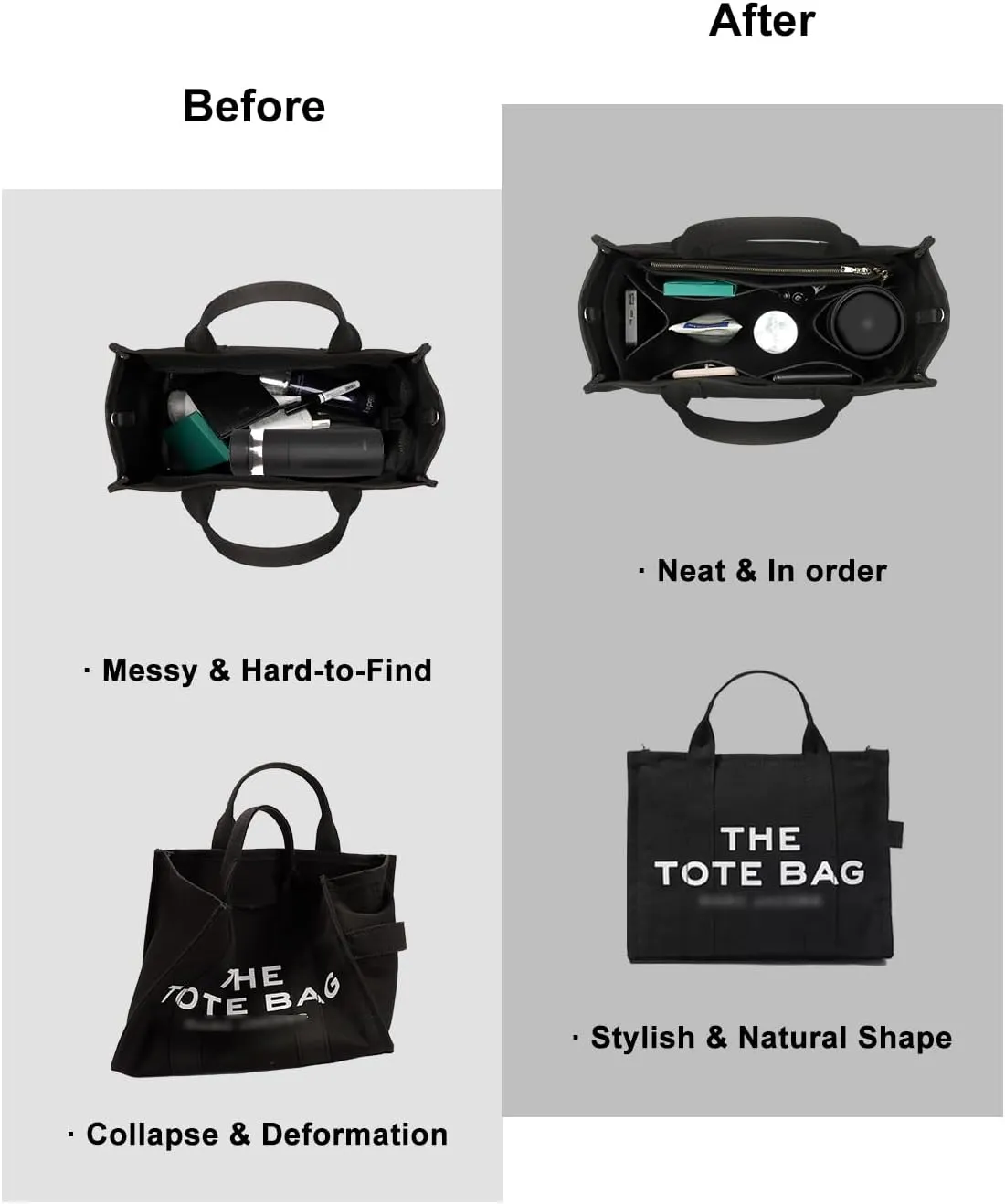 Purse Organizer Insert For Handbags, Tote Bag Organizer Insert, Handbag Organizer For Tote & Handbags, Compatible with Neverful Speedy and More (Large,Black)