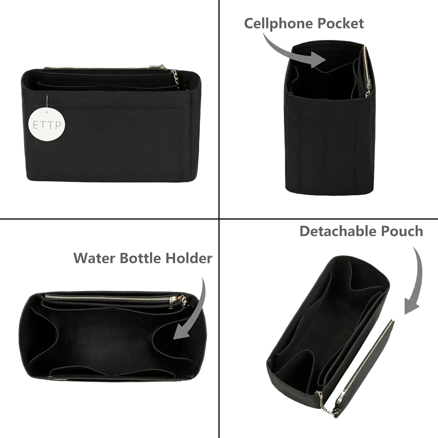Purse Organizer Insert For Handbags, Tote Bag Organizer Insert, Handbag Organizer For Tote & Handbags, Compatible with Neverful Speedy and More (Large,Black)